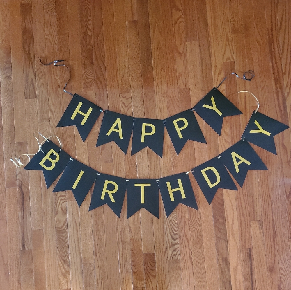 Happy birthday sign. Black and gold. Banner. Extra ribbon provided